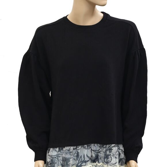 By Anthropologie Tulle-Hem Pullover Sweatshirt Top Cotton Black XS New 283972 - Picture 6 of 9
